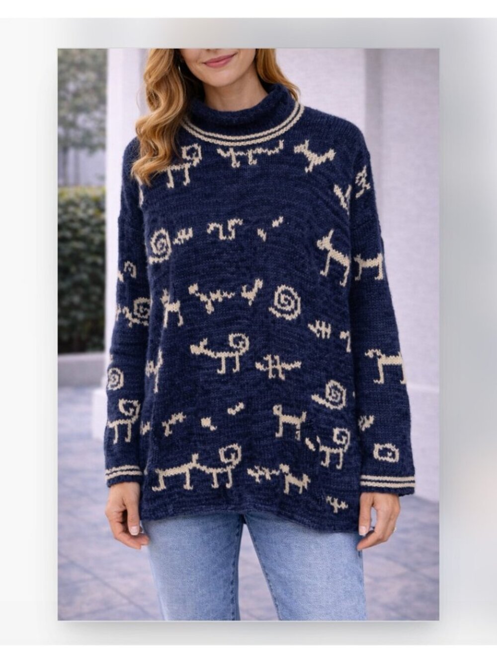 Toshy Sweater Womens Blue Wool Mock Neck Animal Print Knit Pullover Heavyweight